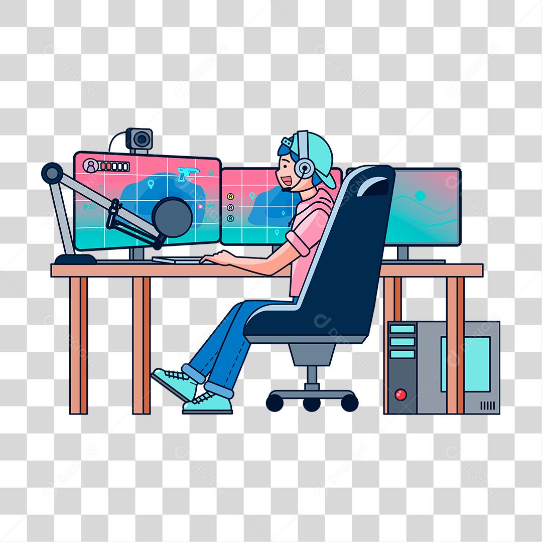 Desenho de Homem se divertindo sobre um computador jogando