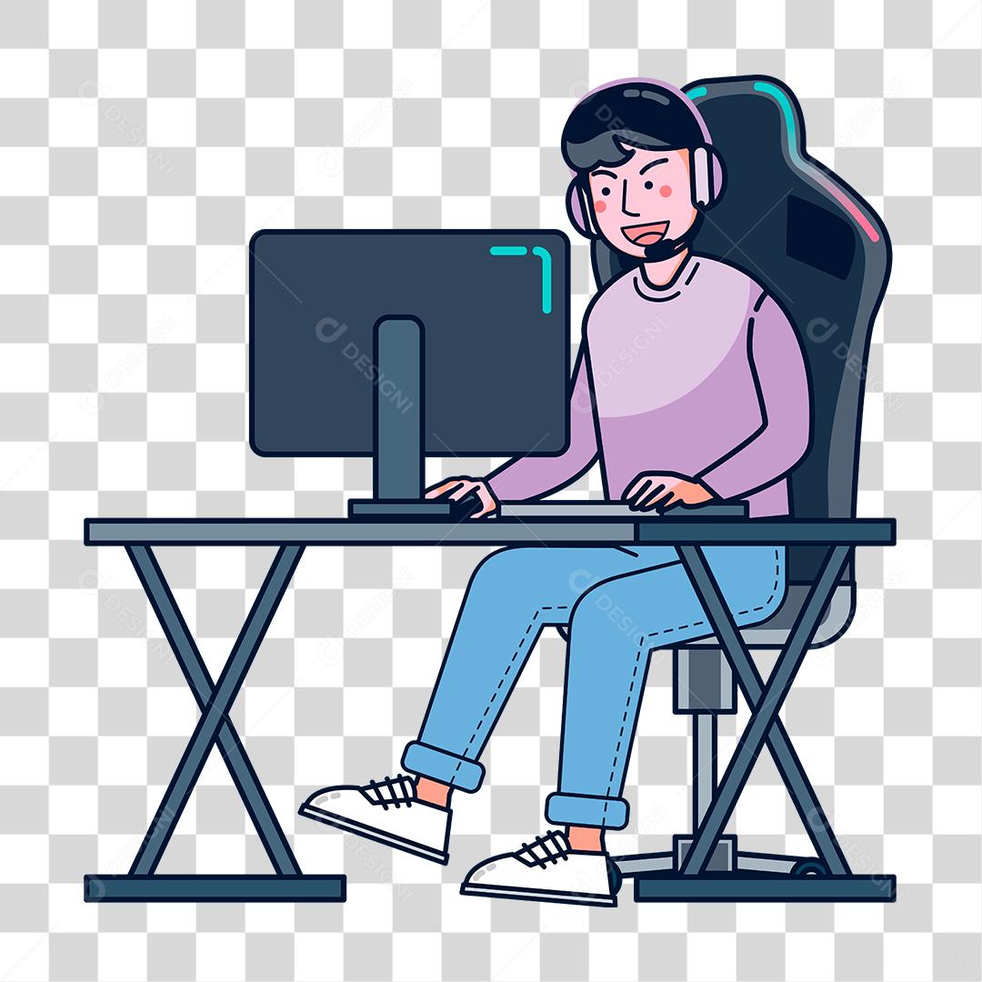 Desenho de Homem se divertindo sobre um computador jogando