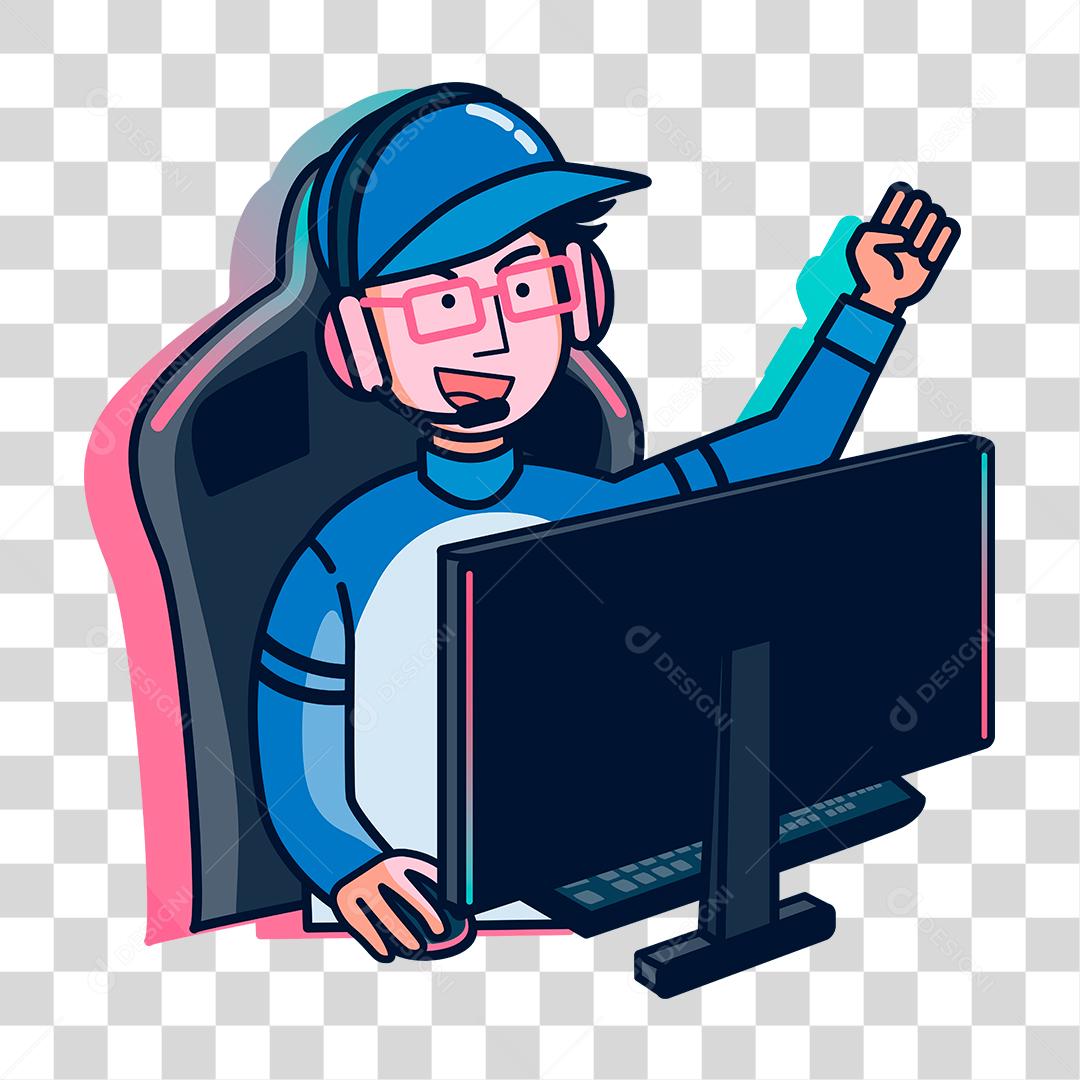 Desenho de Homem se divertindo sobre um computador jogando