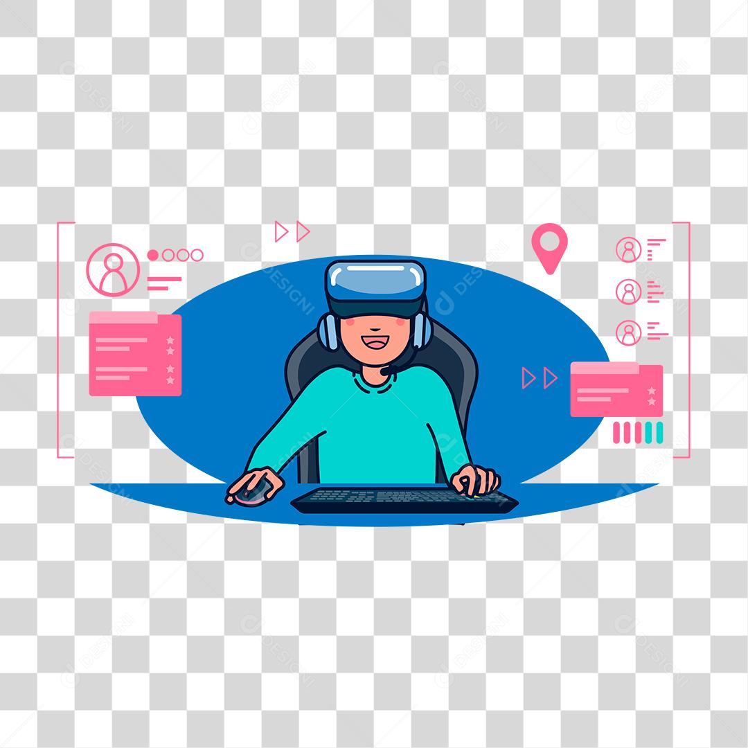 Desenho de Homem se divertindo sobre um computador jogando