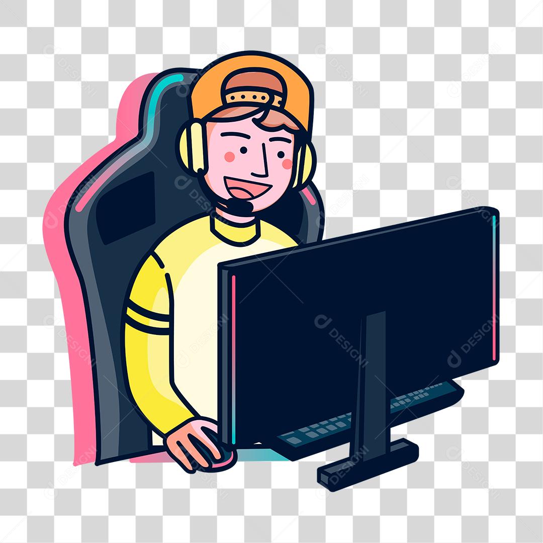 Desenho de Homem se divertindo sobre um computador jogando