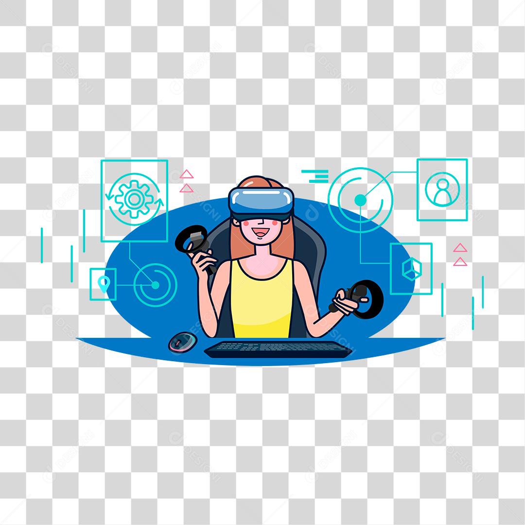 Desenho de mulher se divertindo sobre um óculos realidade virtual jogando