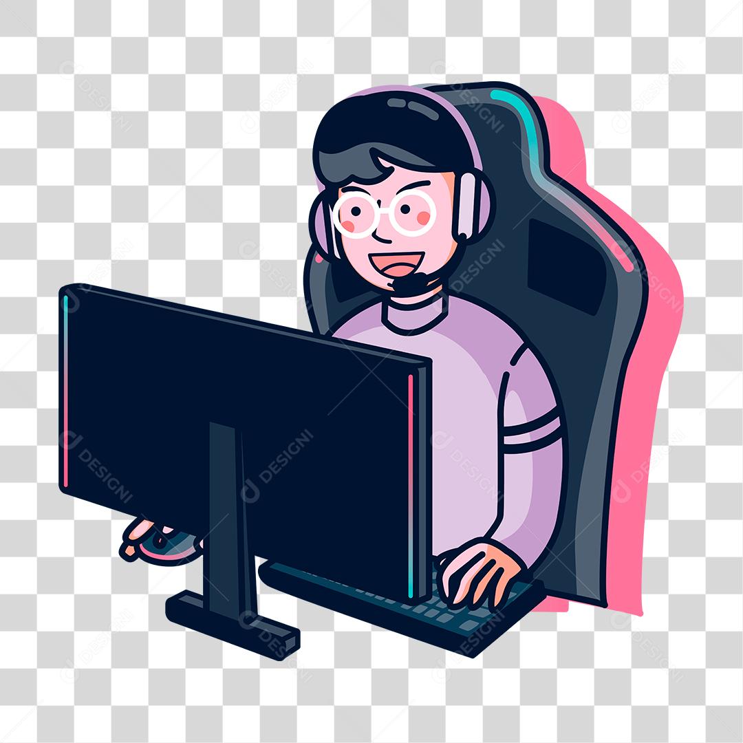 Desenho de Homem se divertindo sobre um computador jogando