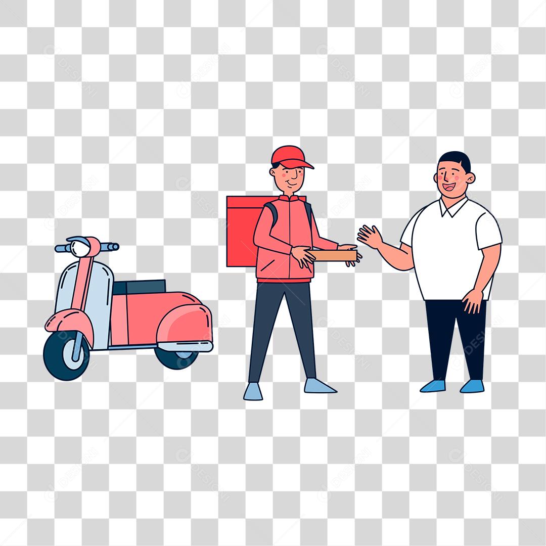 Desenho de motoboy entregando comida para pessoas cliente