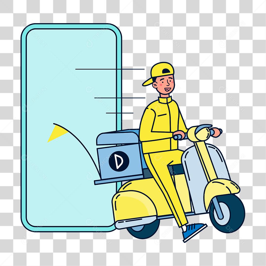 Desenho de motoboy entregando comida para pessoas cliente