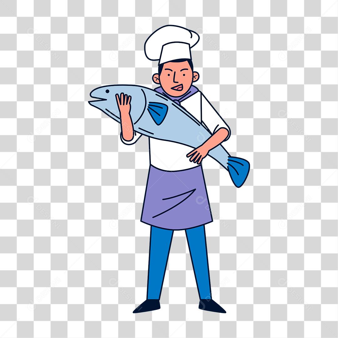 Desenho de chefe de cozinha segurando peixe fresco