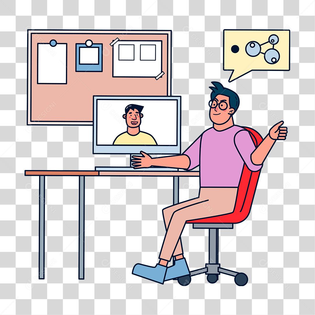 Desenho de homem fazendo videochamada sobre notebook