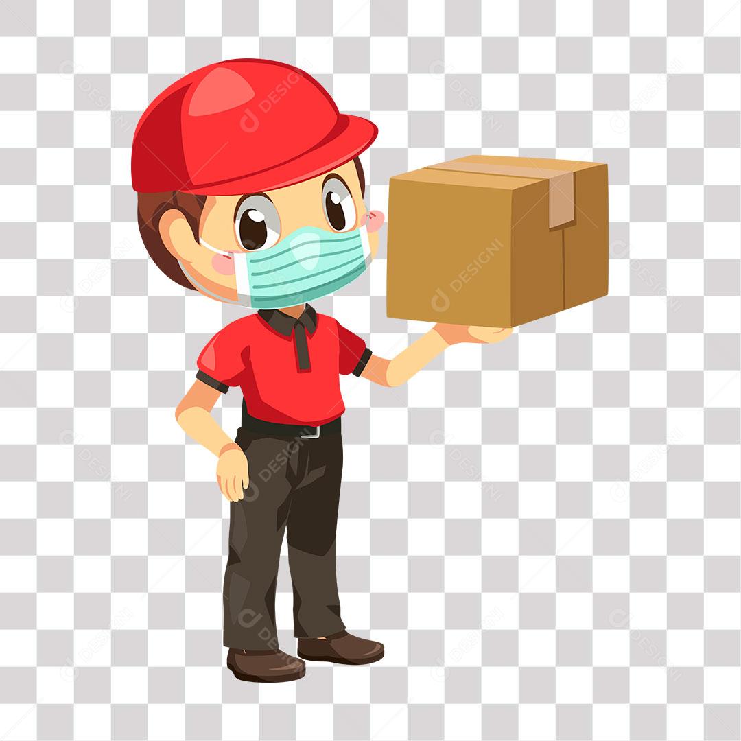 desenho de entregador com caixas de encomenda e mascara de proteção