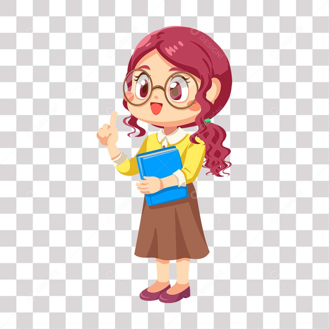 desnho de menina fazendo sinal com a mão e segruando livro