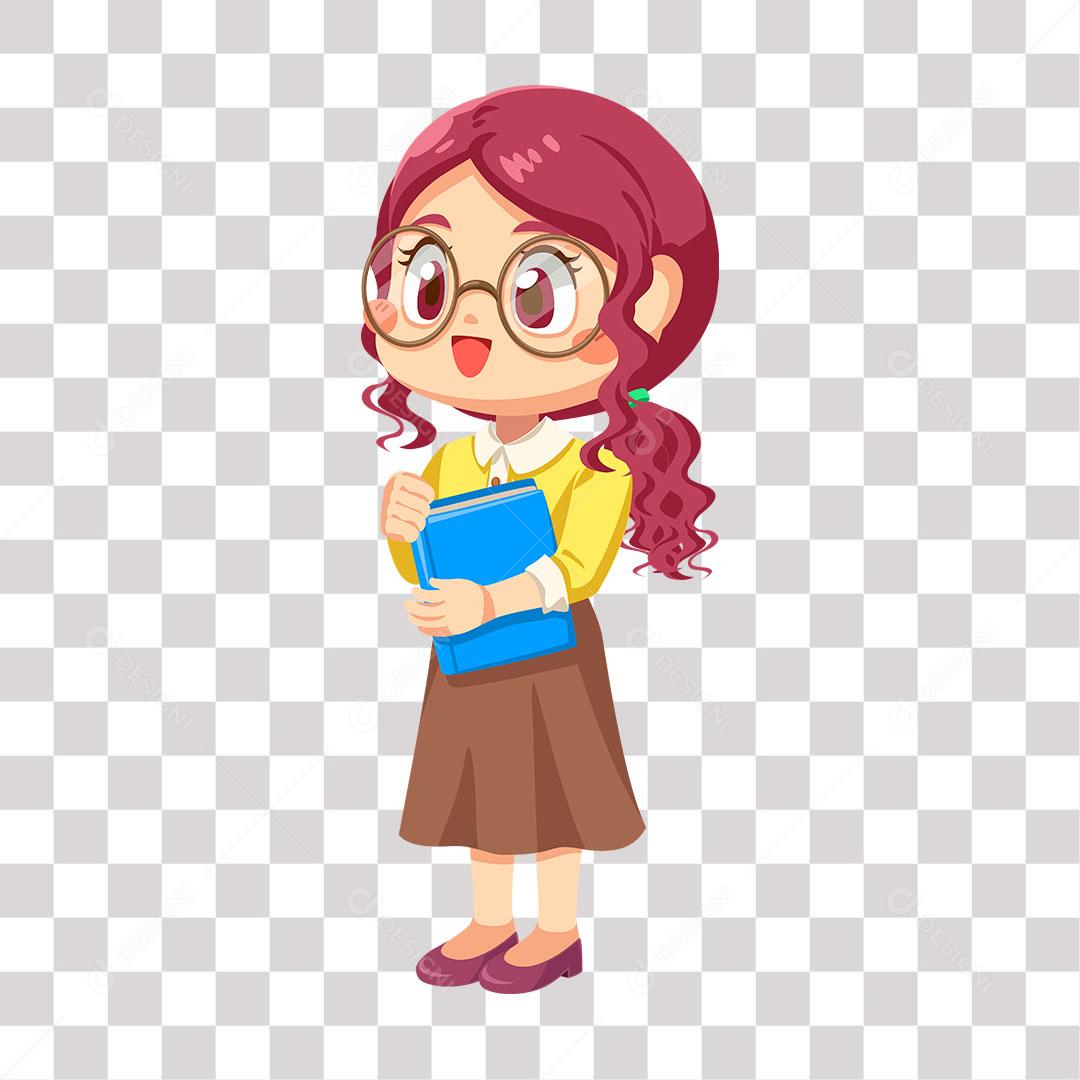 desenho de garota com cadernos e livros nas mãos