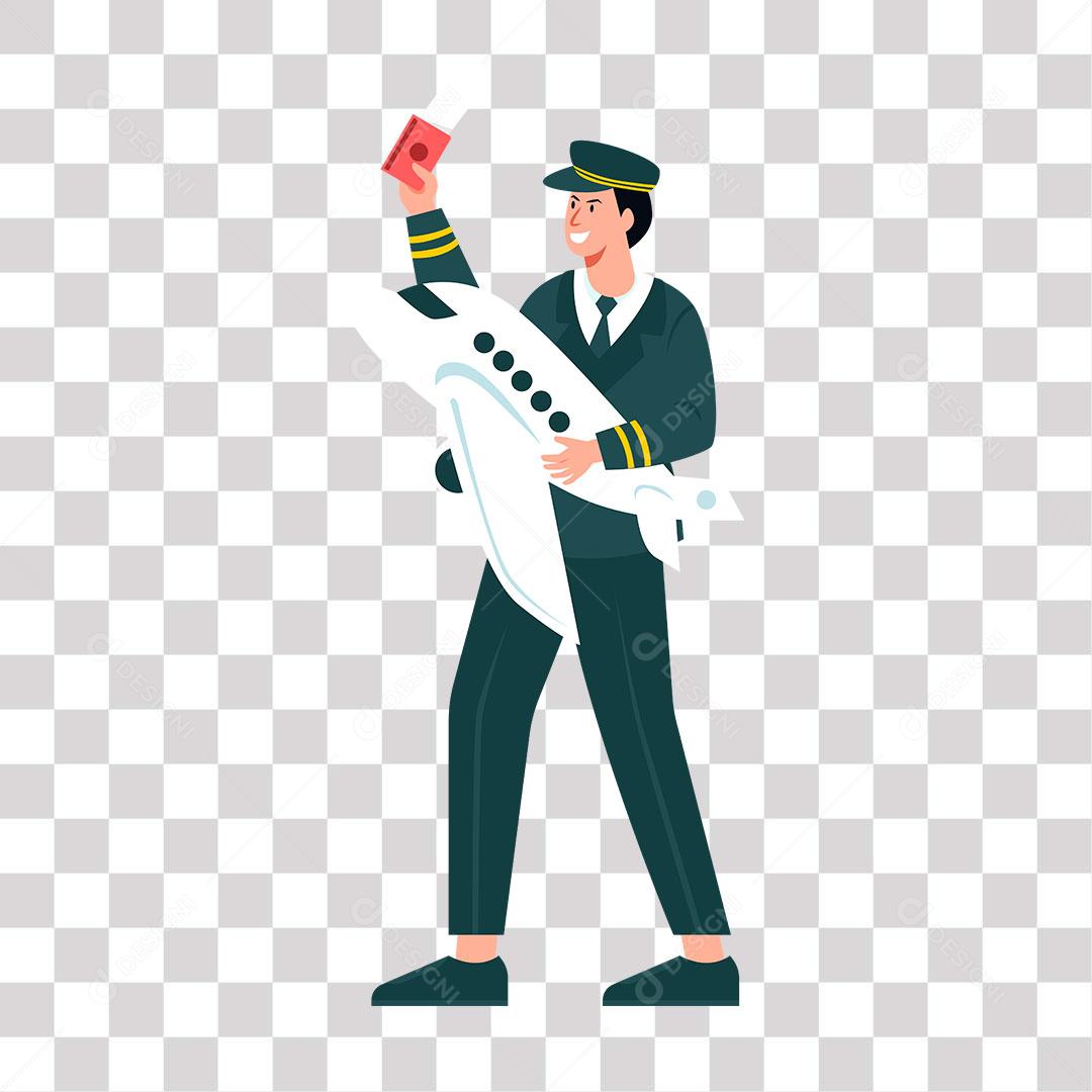 desenho de homem aviador com miniatura de avião e passa porte