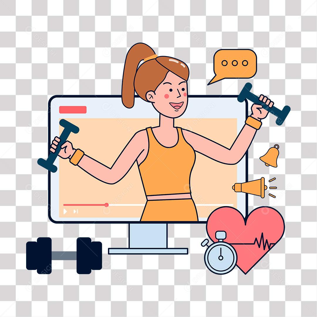 desenho de monitor com video de mulher encinando musculação online