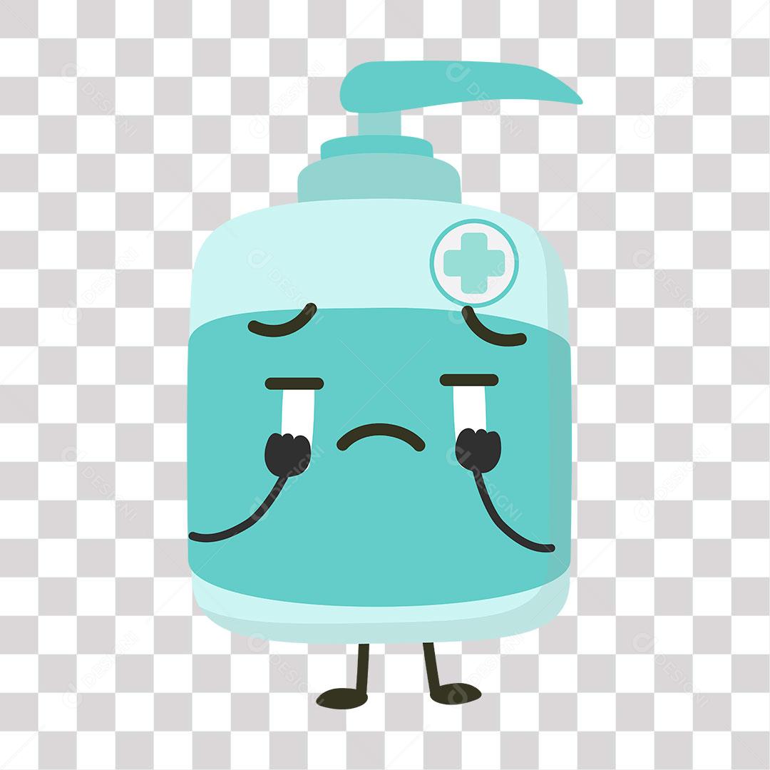 desenho de emoji chorando em de frasco de álcool em gel