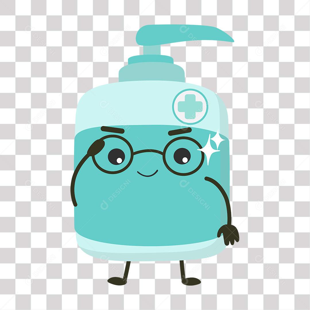 desenho de emoji nerd em forma de frasco de álcool em gel