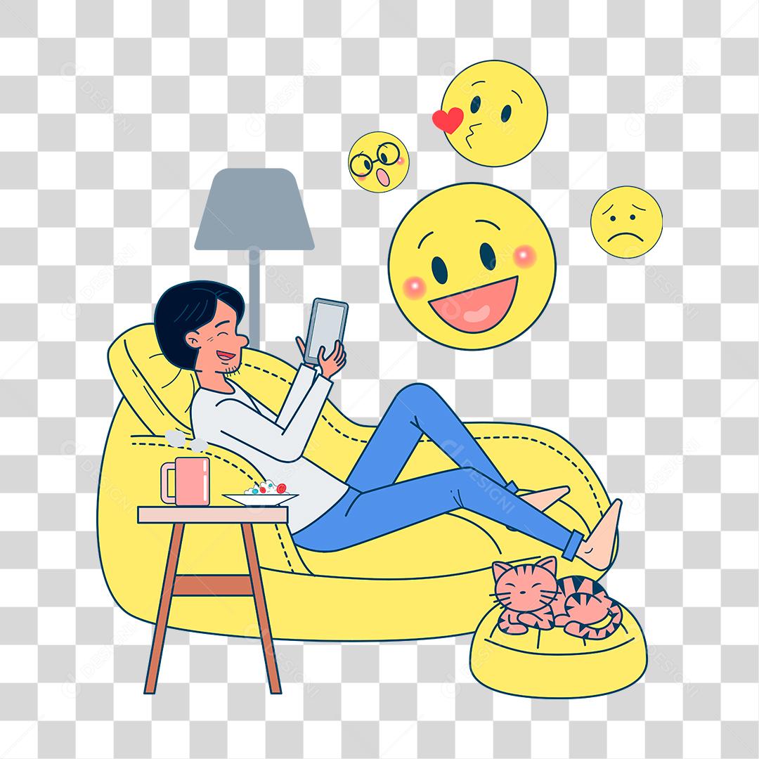 Desenho de mulher mexendo em seu celular usando emojis mensagens