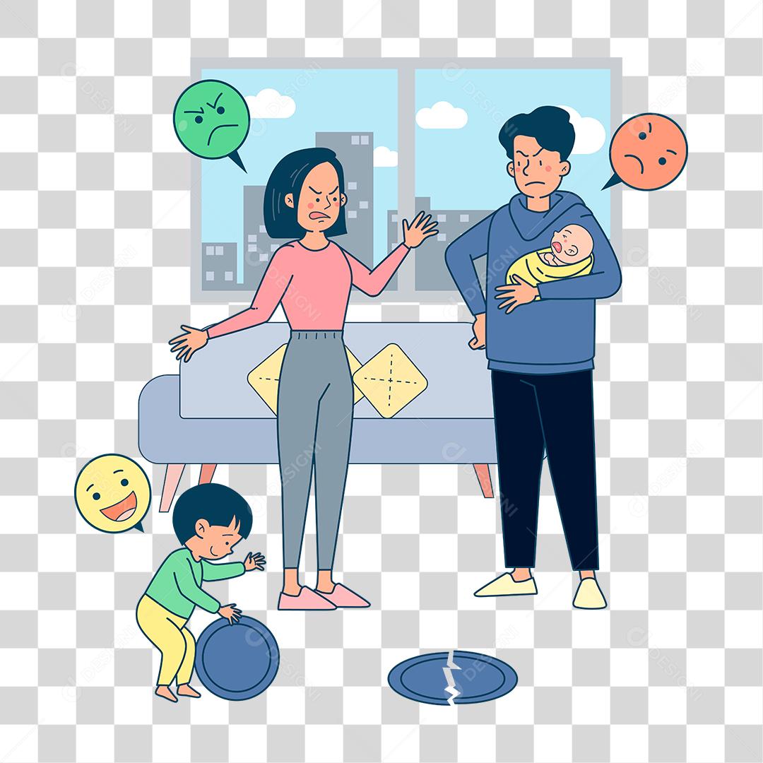 Desenho de casal brigando frente as criança