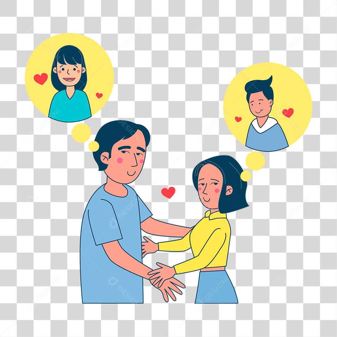 Desenho de casal se pegando pensando em outro