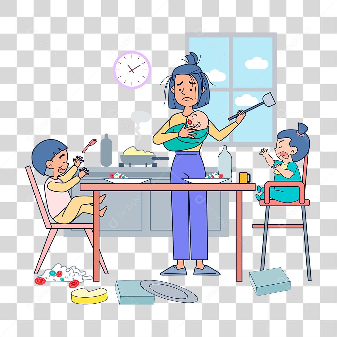 Desenho de mulher triste com crianças