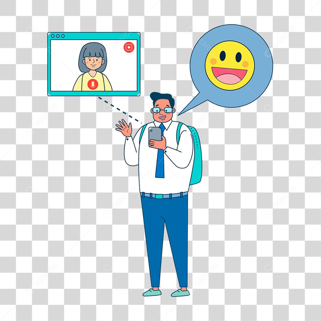 Desenho de homem conversando com sua namorada videochamada