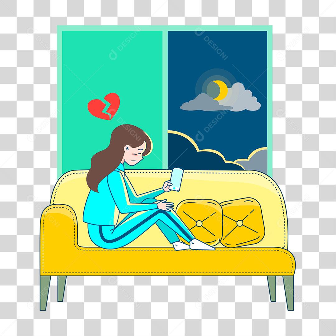 Desenho de mulher sentada em seu sofá mexendo em seu smartphone