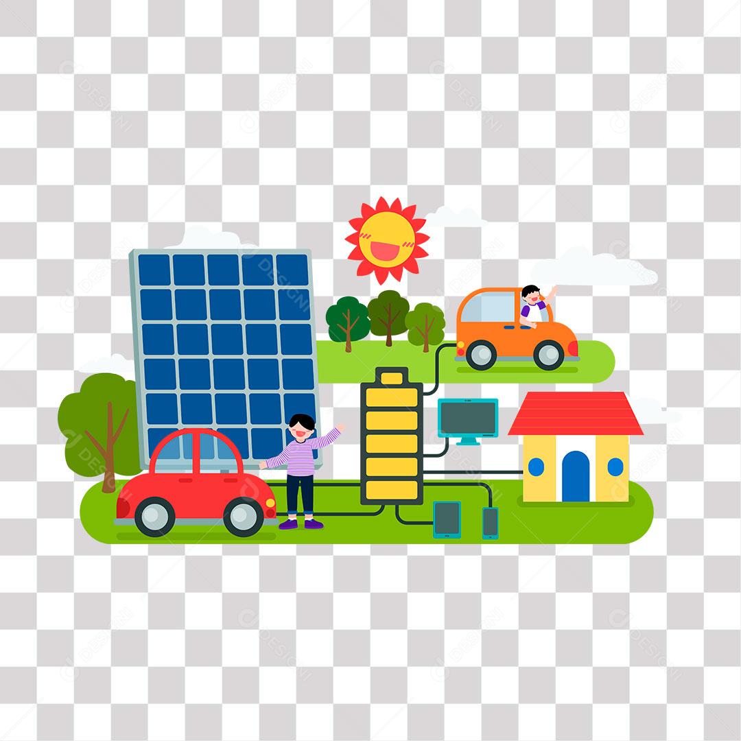 desenho de carros híbridos sendo recarregados com energia sustentável