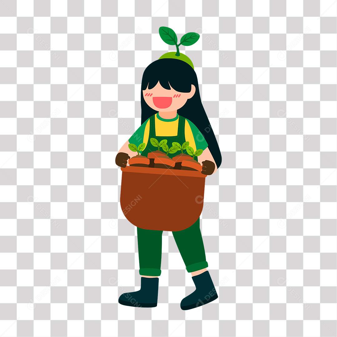 desenho e menina carregando balde com mudas de plantas