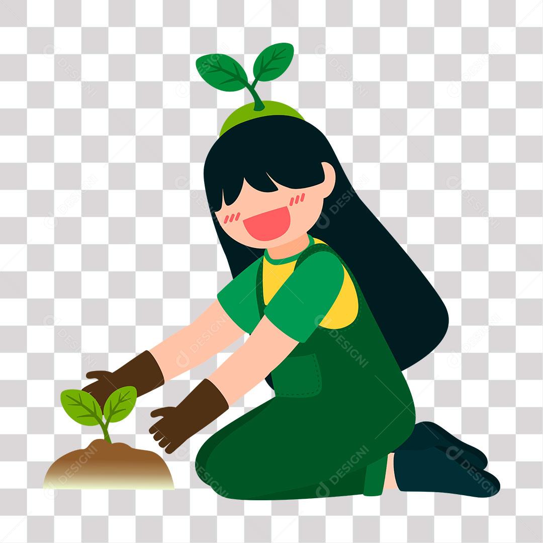 desenho de menina cuidando e plantando muda de árvore para a natureza