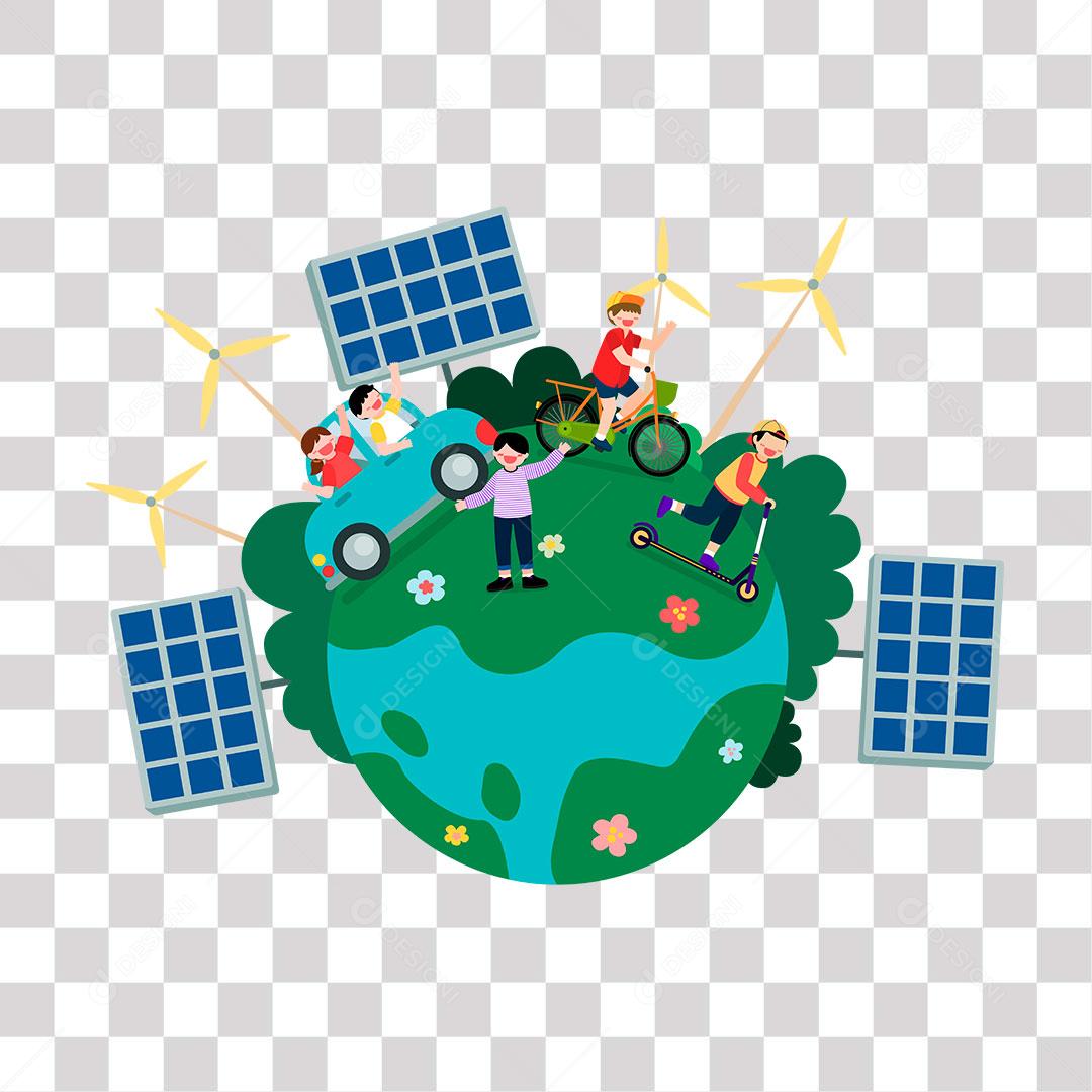 desenho de um planeta sustentável com pessoas felizes