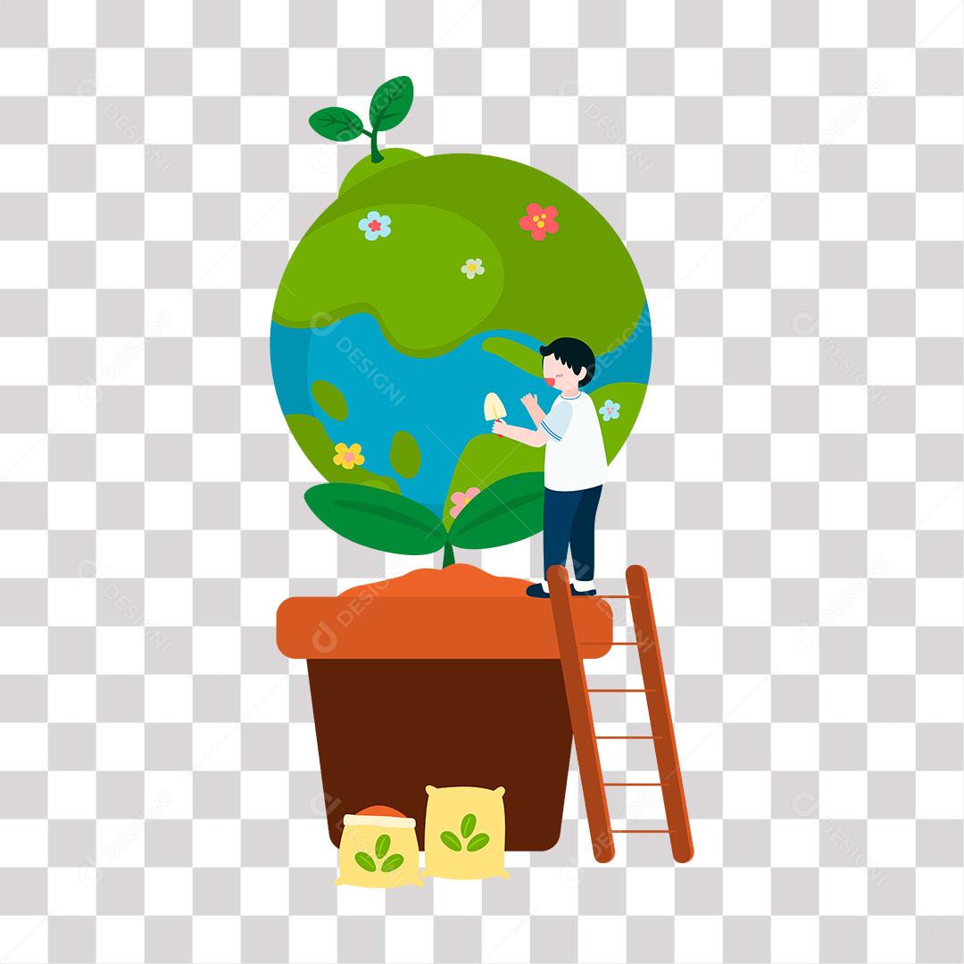 desenho de menino cuidando de árvore simbolizando plante terra cuidado ao meio ambiente