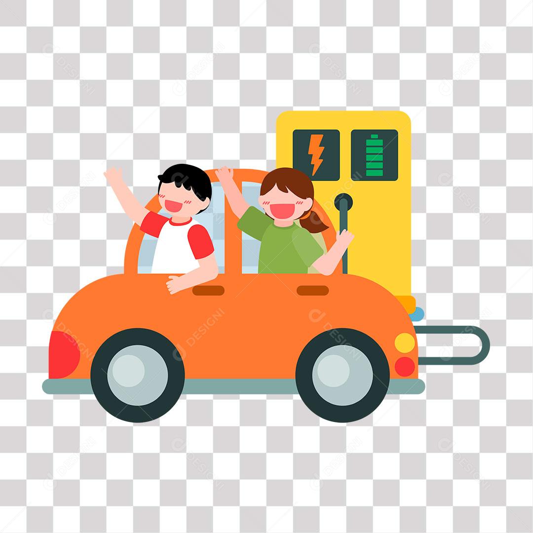 desenho de menina e menino e dentro de um carro parado em posto