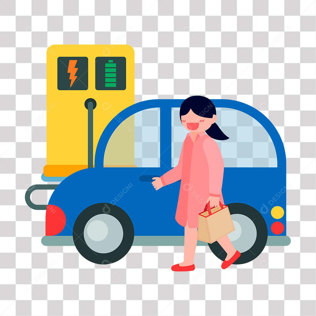 desenho de mulher com carro em posto de recarga