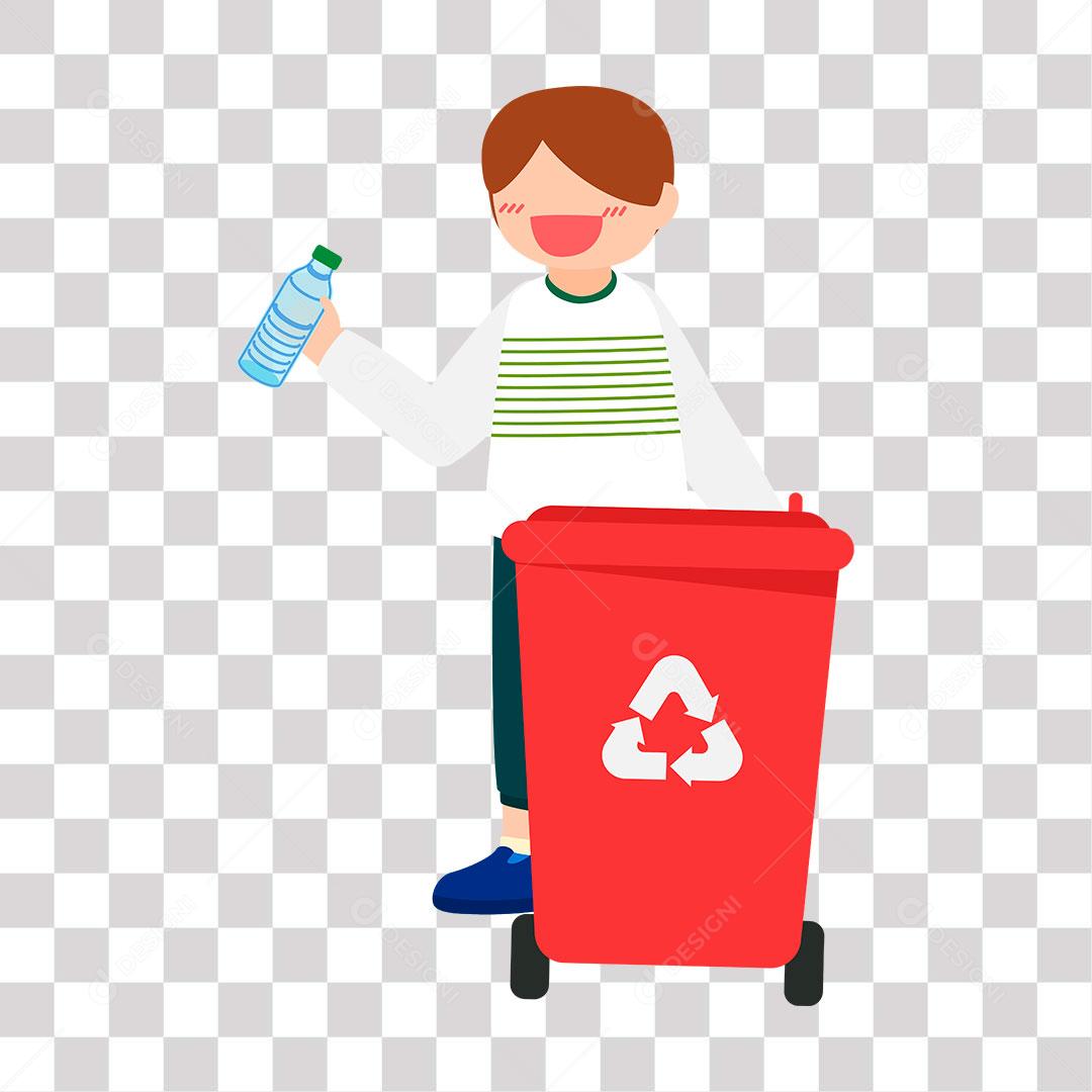 desenho de menino jogando garrafa plástica em lixeira