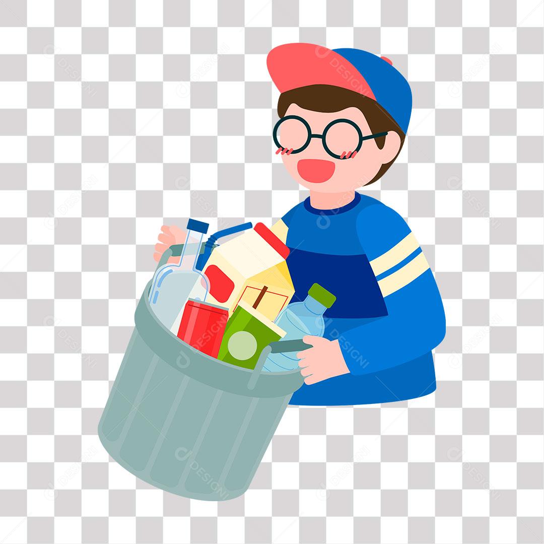 desenho de menino andando com latão de lixo com garrafas e latas descartáveis