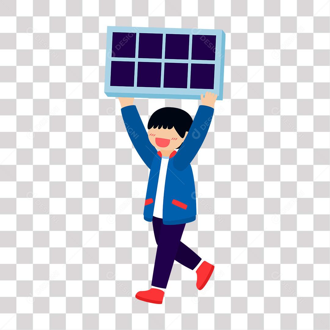 desenho de um garoto andando com uma placa solar para alto