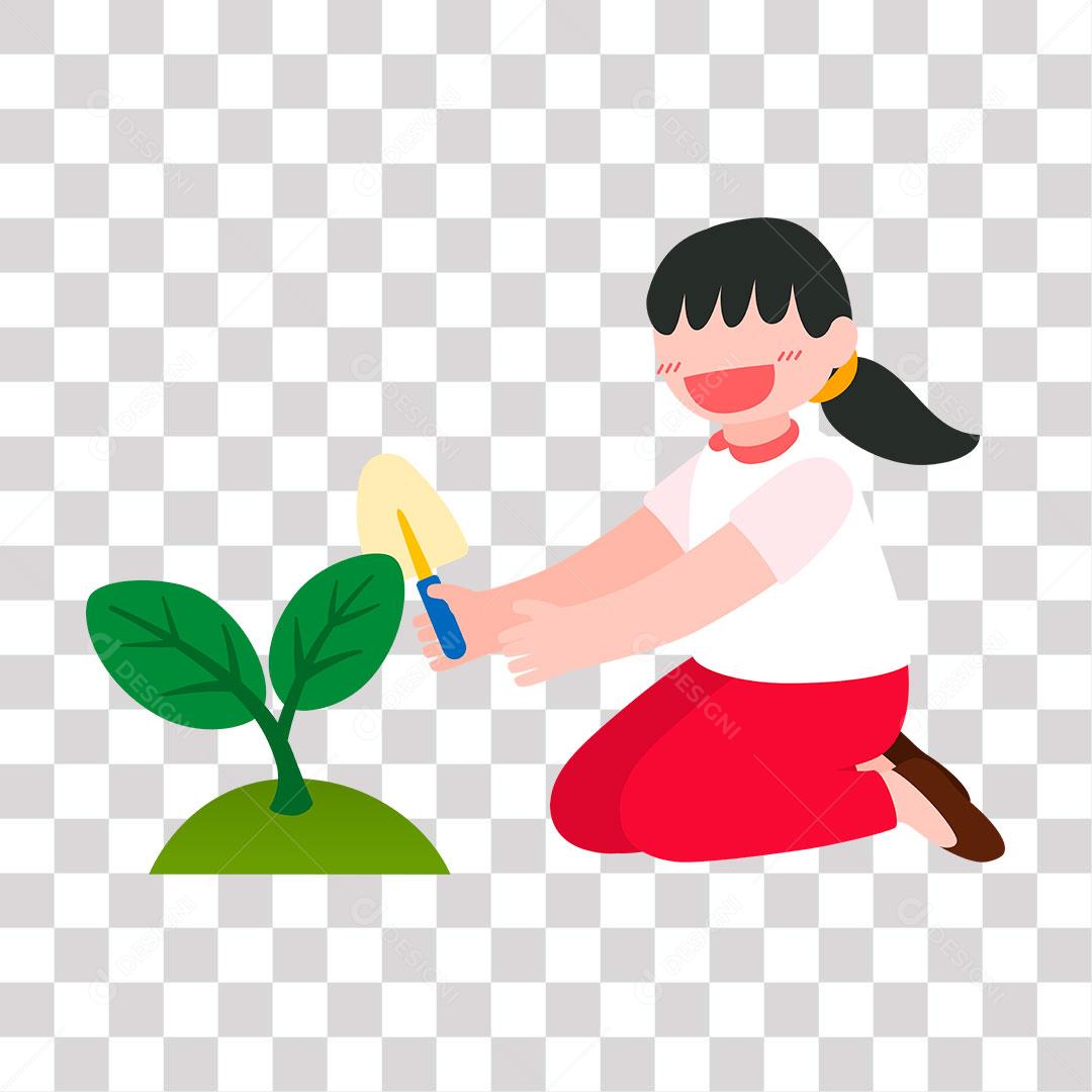 desenho de criança cuidando e plantando árvore