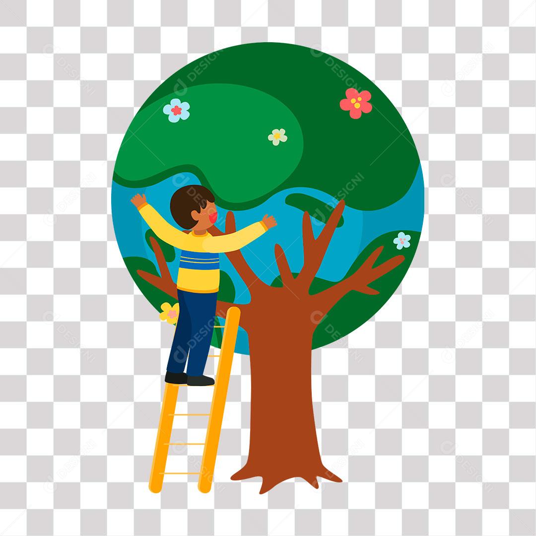 desenho de menino cuidando de árvore representando o planeta terra