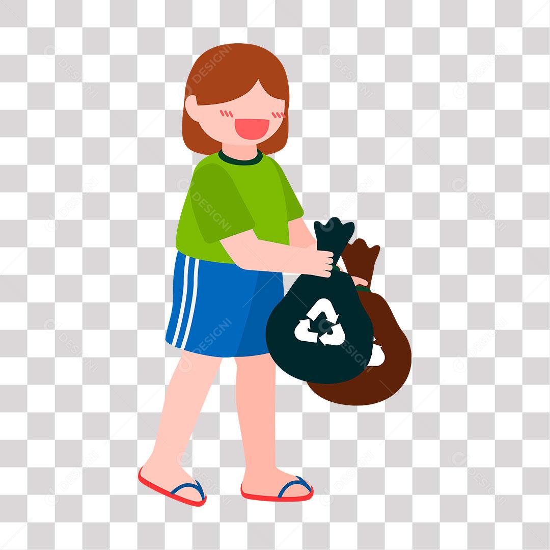 desenho de criança menina carregando sacos de lixo