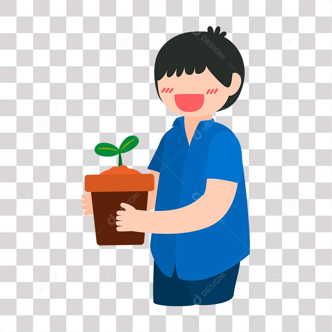 desenho de criança menino com vaso de planta