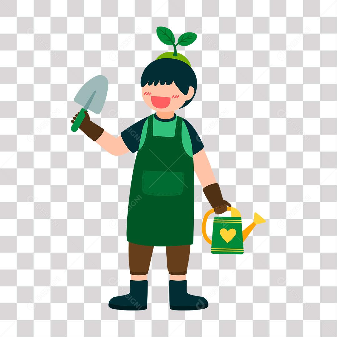 desenho de menino com regador e  uma par em sua mão