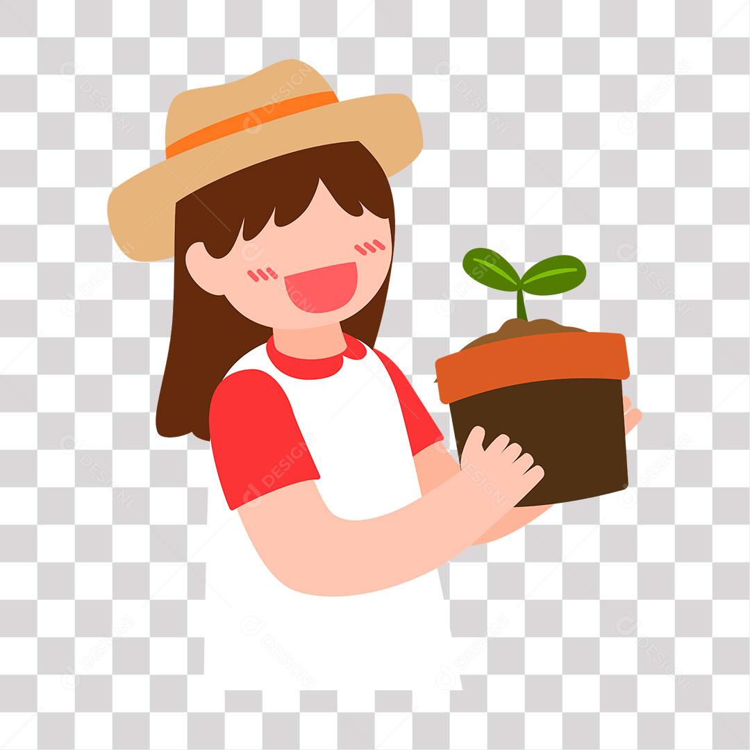 desenho de menina com muda de planta nas mãos