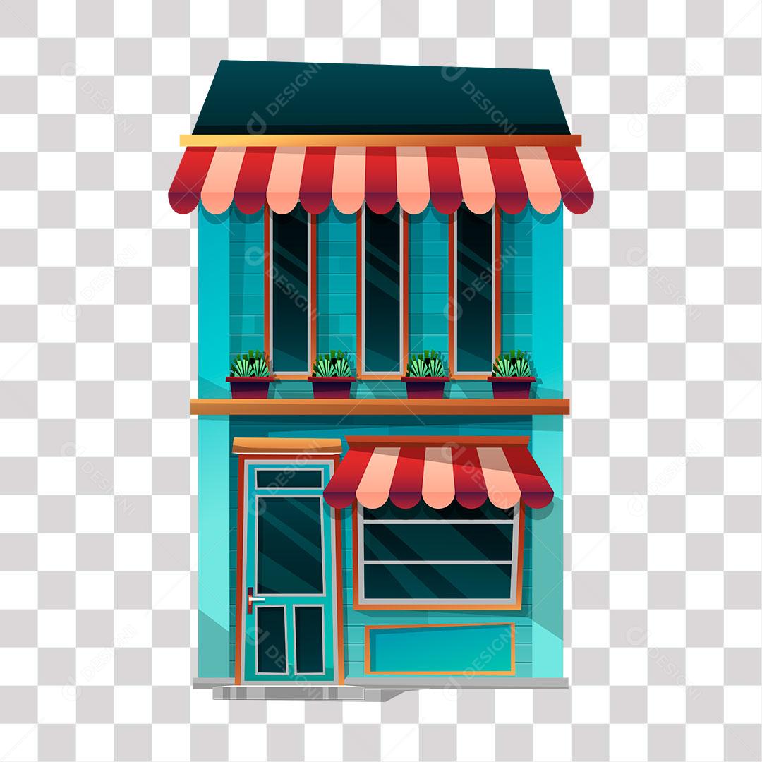 desenho de prédio com comercio e andares acima de cor azul