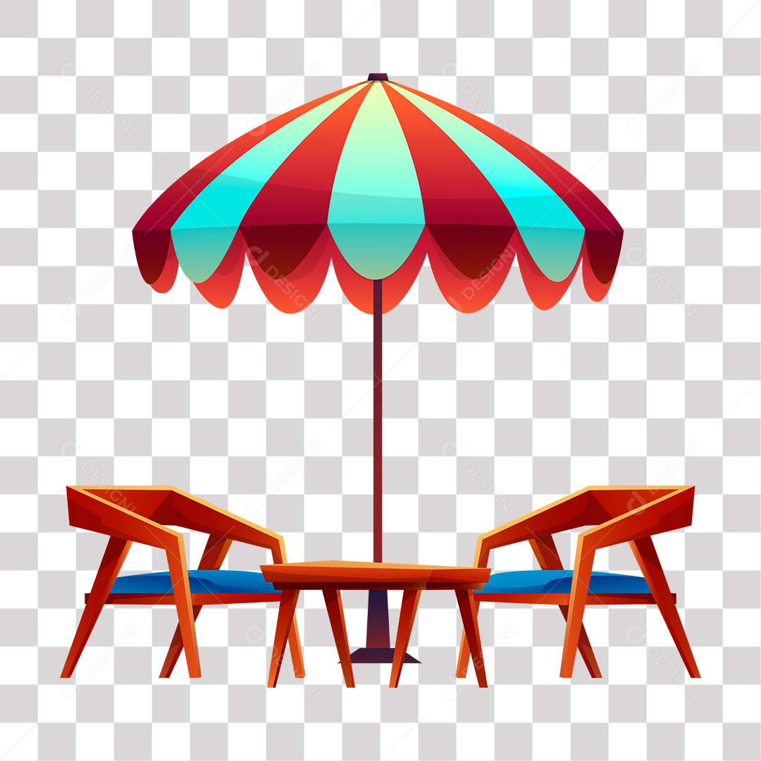 desenho de barraquinha de praia com cadeiras e mesas