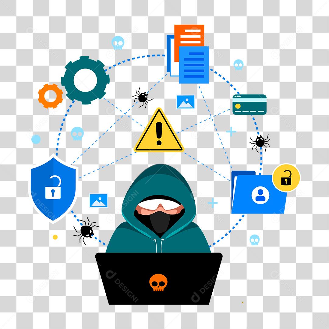 Desenho de hacker hackeando roubando informações