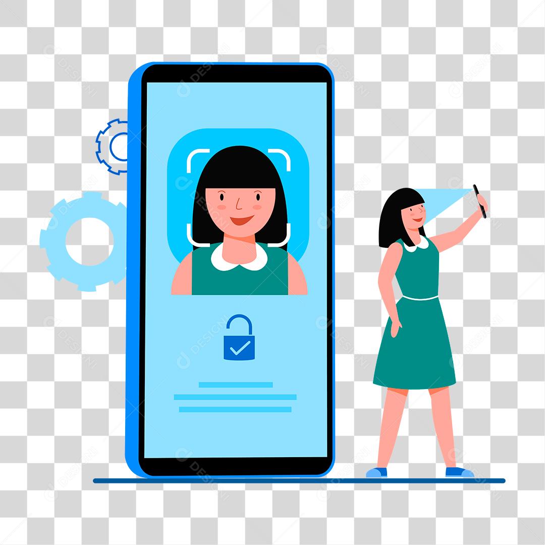 Desenho de mulher usando reconhecimento facial celular