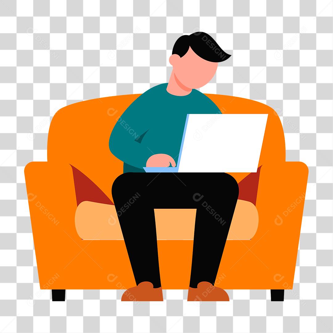 Desenho de pessoa sentada sobre um sofá mexendo em seu notebook conforto de sua casa
