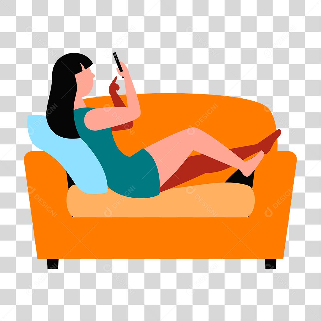Desenho de mulher deitada em seu sofá mexendo em seu celular