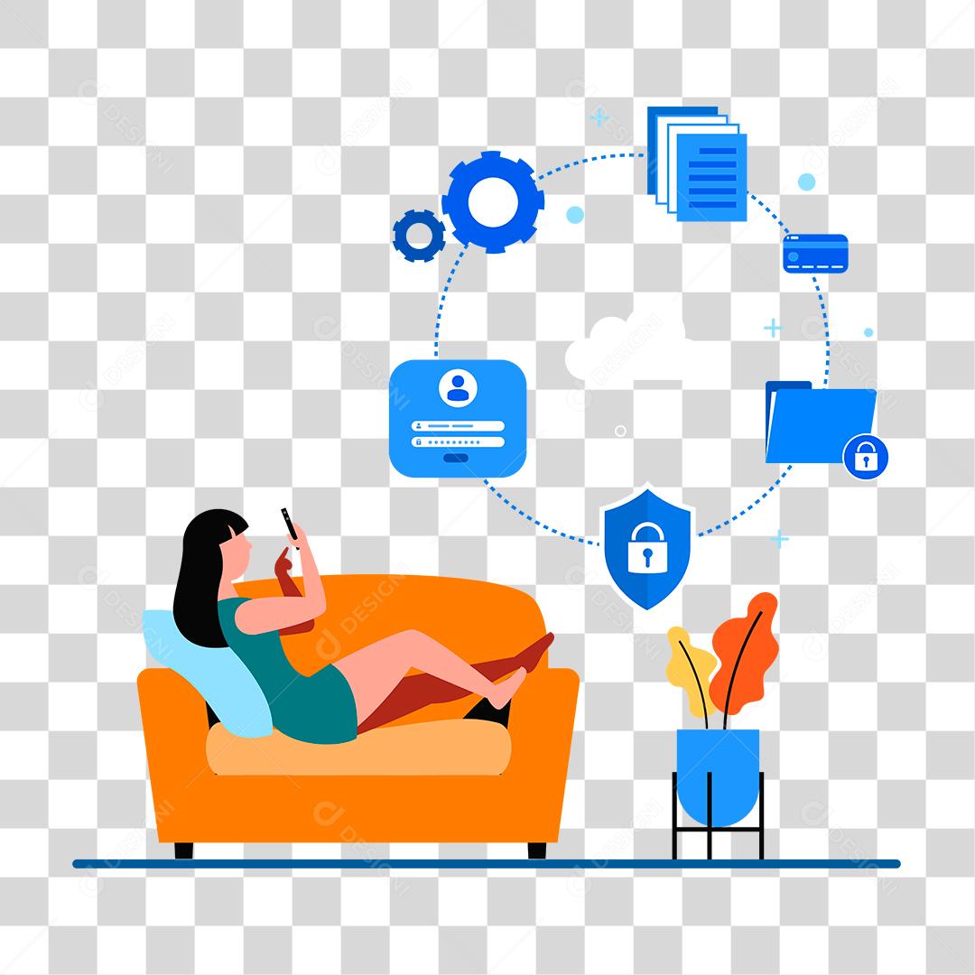 Desenho de mulher deitada em seu sofá mexendo em seu celular