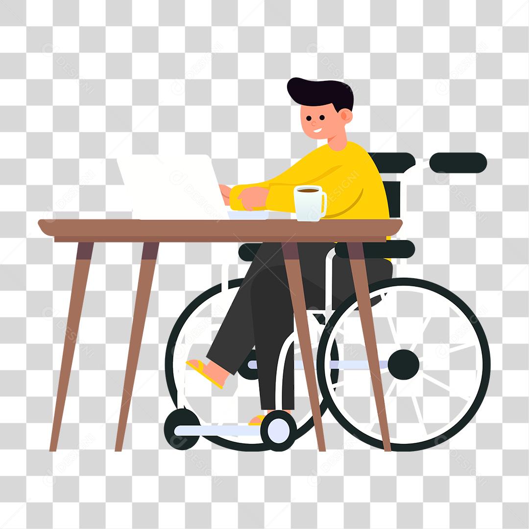 Desenho de homem cadeirante usando seu notebook