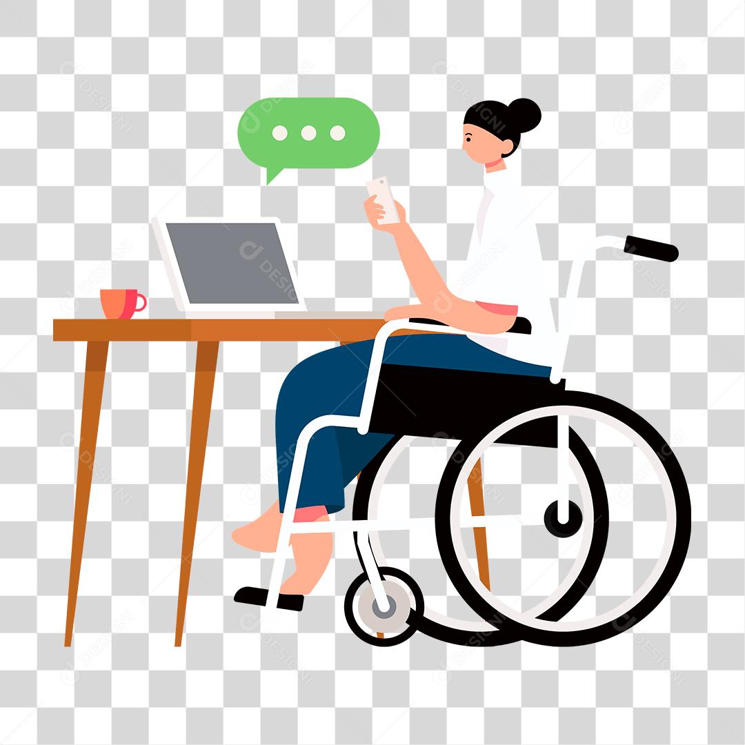 Desenho de mulher cadeirante usando seu notebook