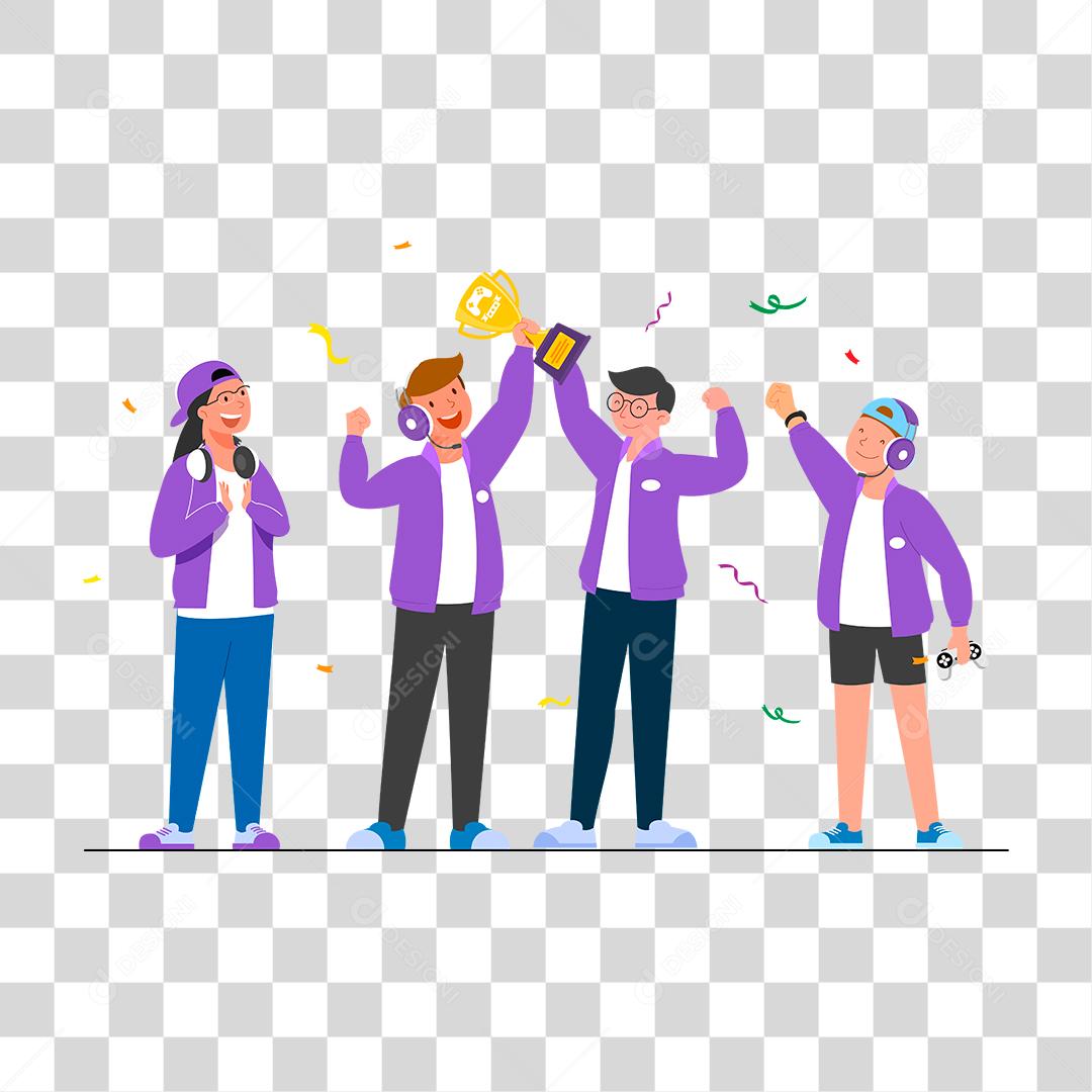 Desenho de squad ganhando troféu de campeonato presencial